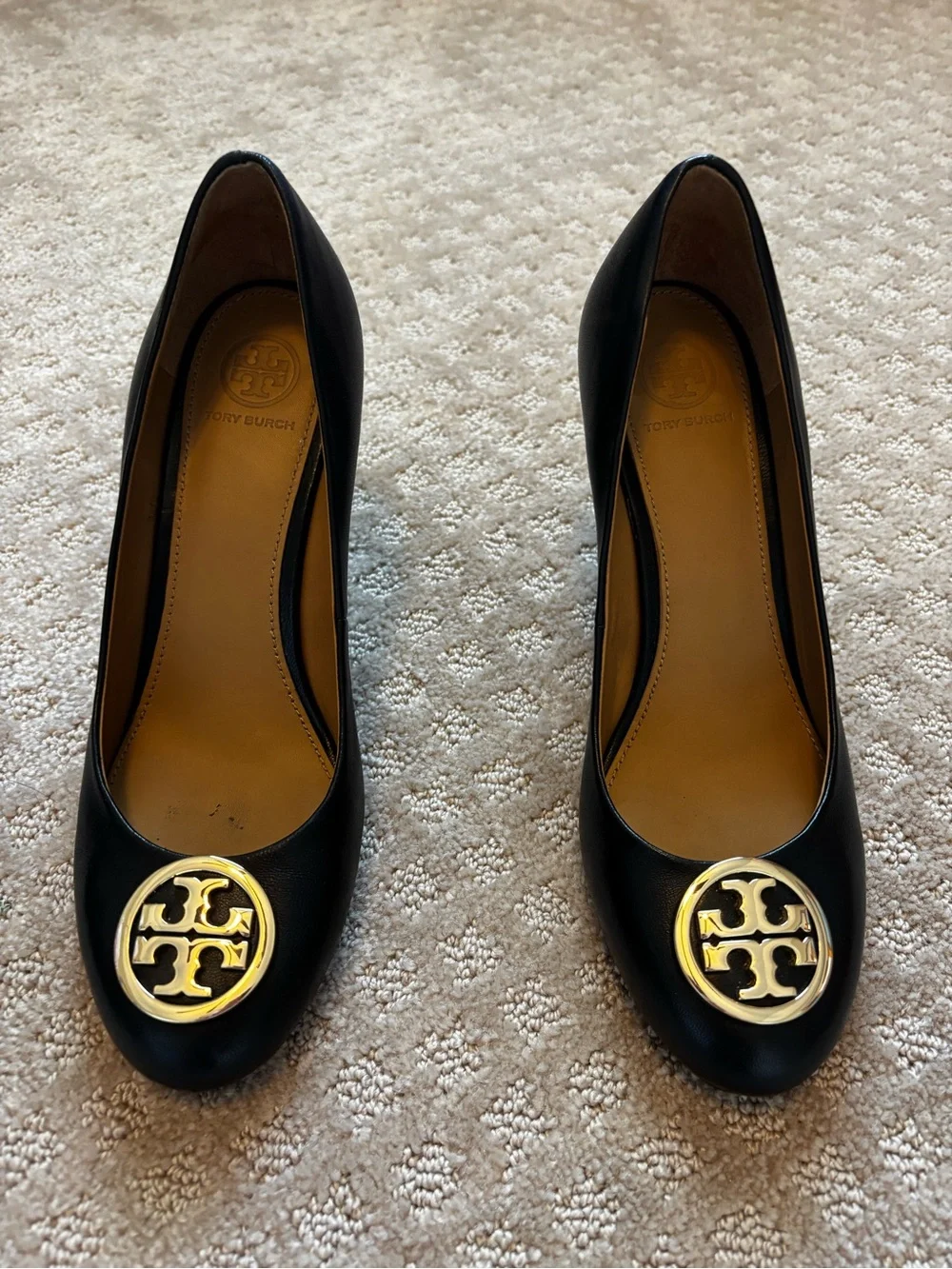 Tory Burch Black Leather Closed Toe Wedge with Gold Logo Disc size 7